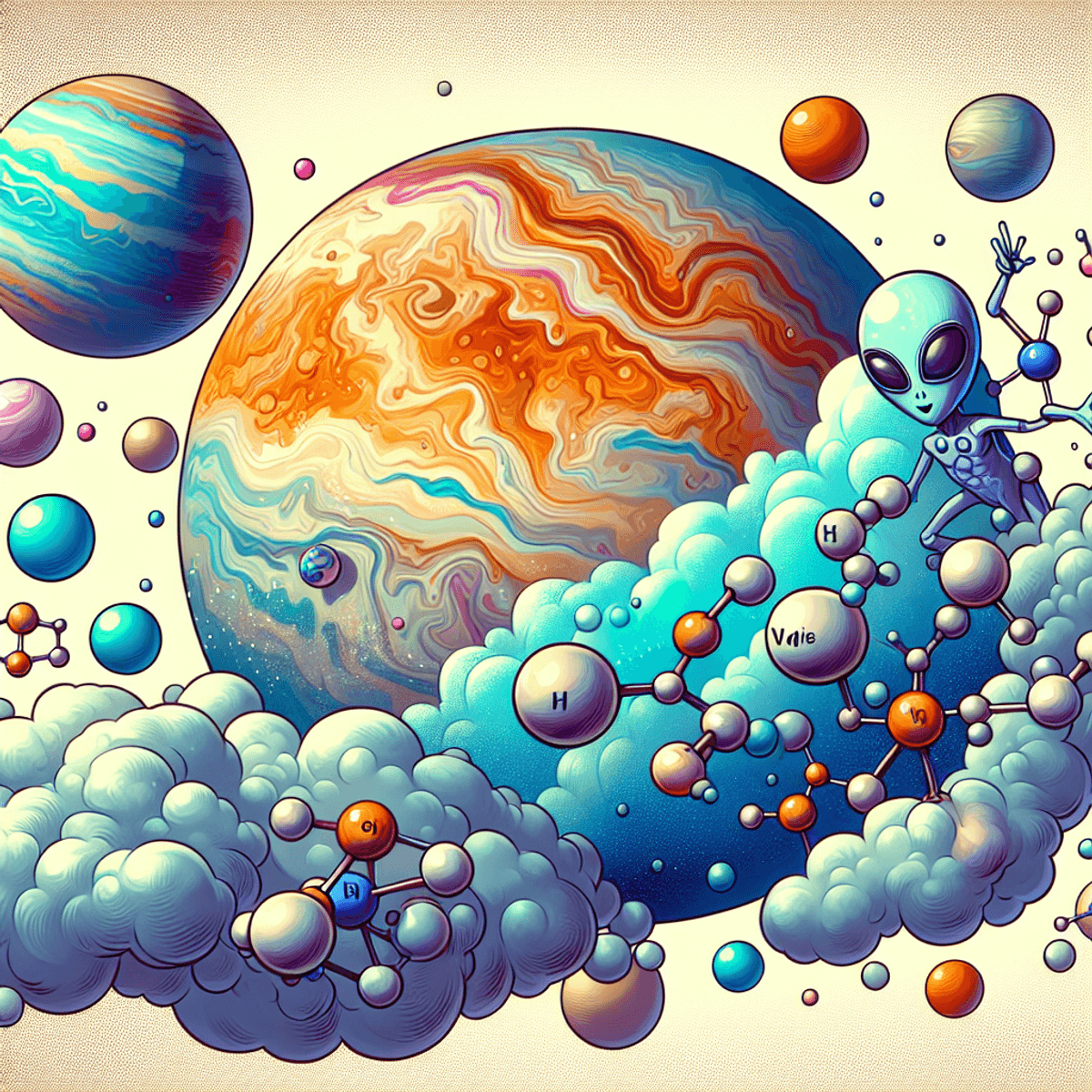 A vibrant cartoon-style illustration of Venus, depicted as a swirling, colorful celestial body surrounded by thick, fluffy clouds. Imaginative representations o